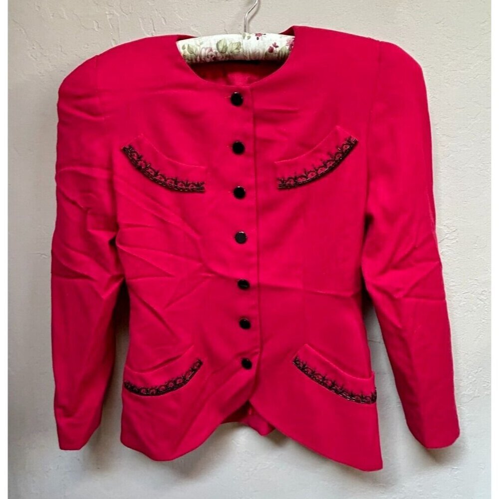 Della Roufogali Womens Size 12 Vintage Blazer Jacket Wool Red Button Lightweight